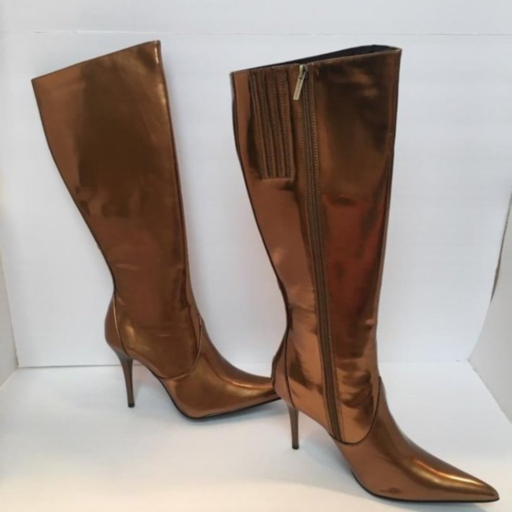 Colin Stuart Sydney faux patent copper boots heels 10